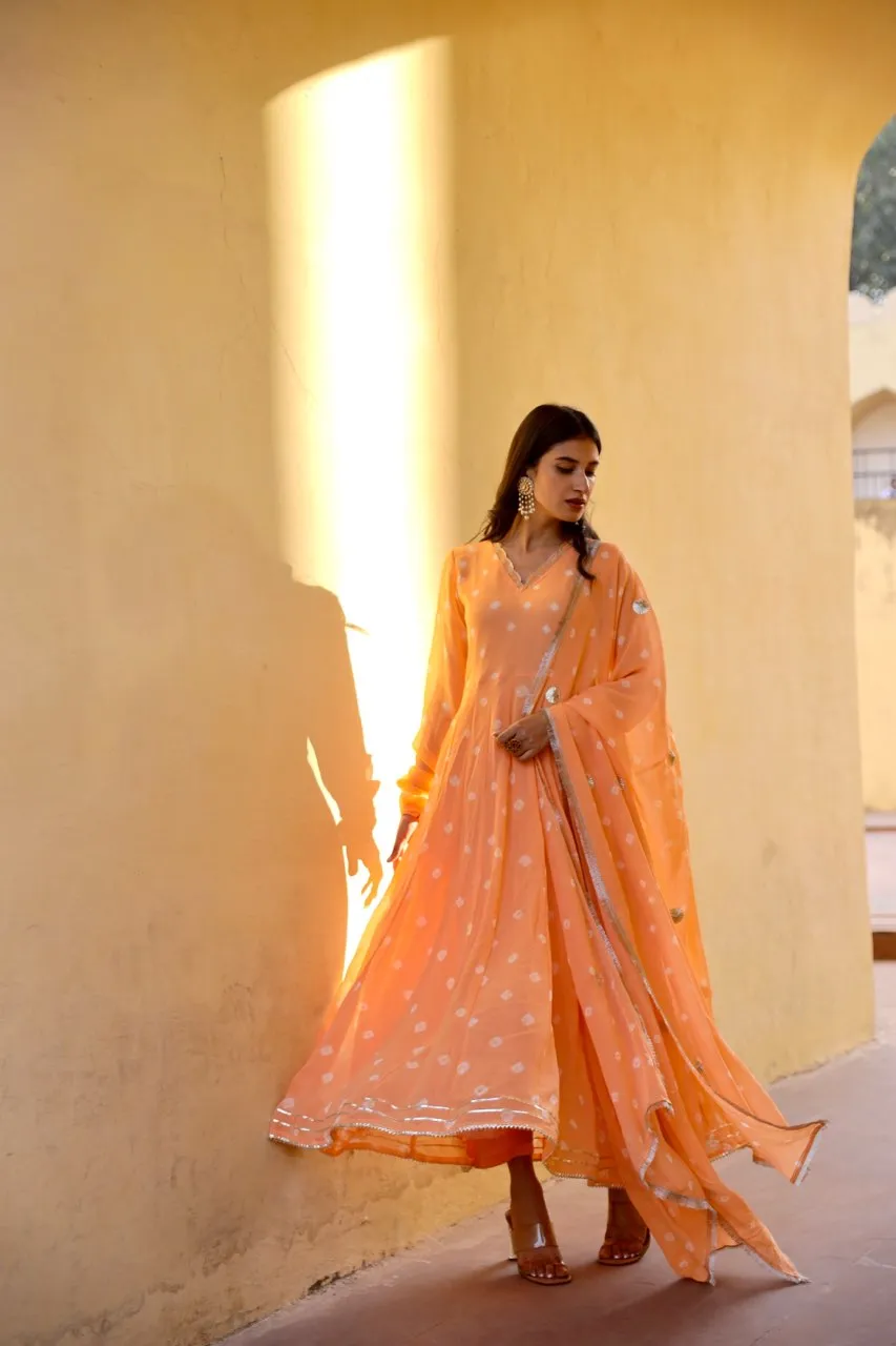 Peach handcrafted bhandhej anarkali