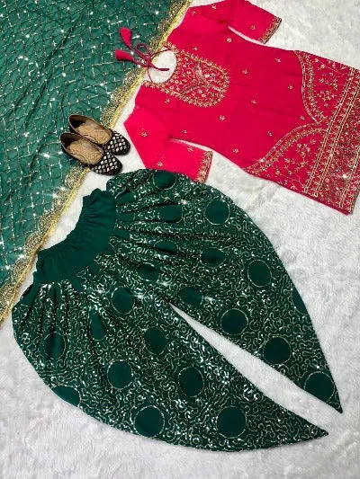 Pink & Green Heavy Embroidered Punjabi Dhoti Salwar Suit Set