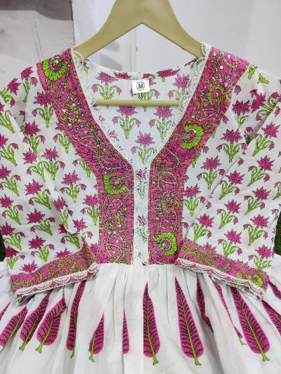 Pink & White Cambric Cotton Mughal Motif Printed Anarkali Suit