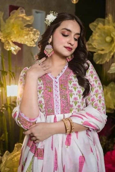 Pink & White Cambric Cotton Mughal Motif Printed Anarkali Suit