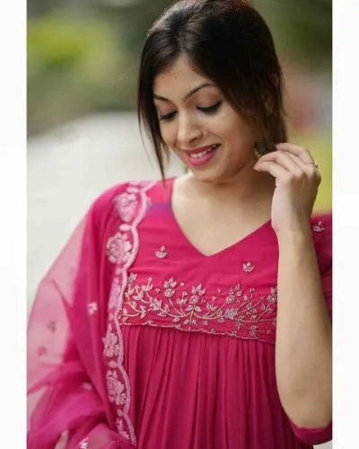 Pink Georgette Hand Embroidered Salwar Suit Set