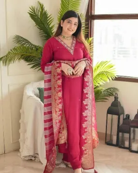 Rani Pink Heavy Rayon V Neck Salwar Suit Set