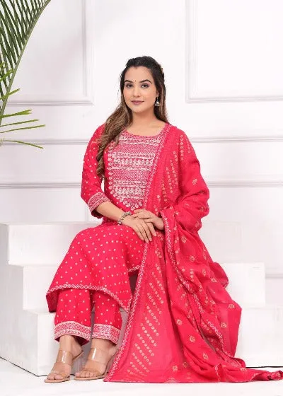 Red Cotton Dobi Foil Print Salwar Suit Set