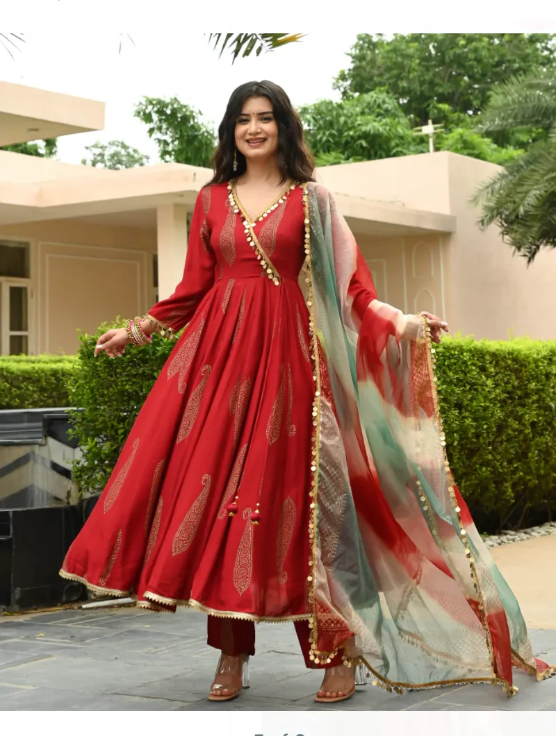 Red Gottwork Anarkali Flared Salwar Suit Dupatta