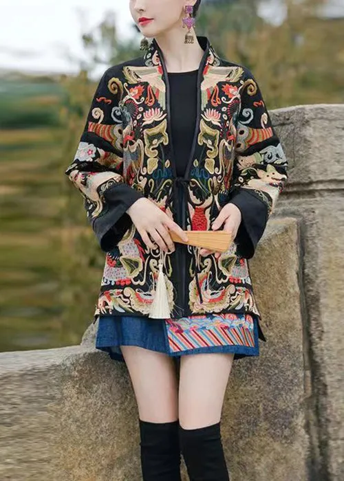 Red Lace Up Embroidered Silk Coats V Neck Long Sleeve QA1081