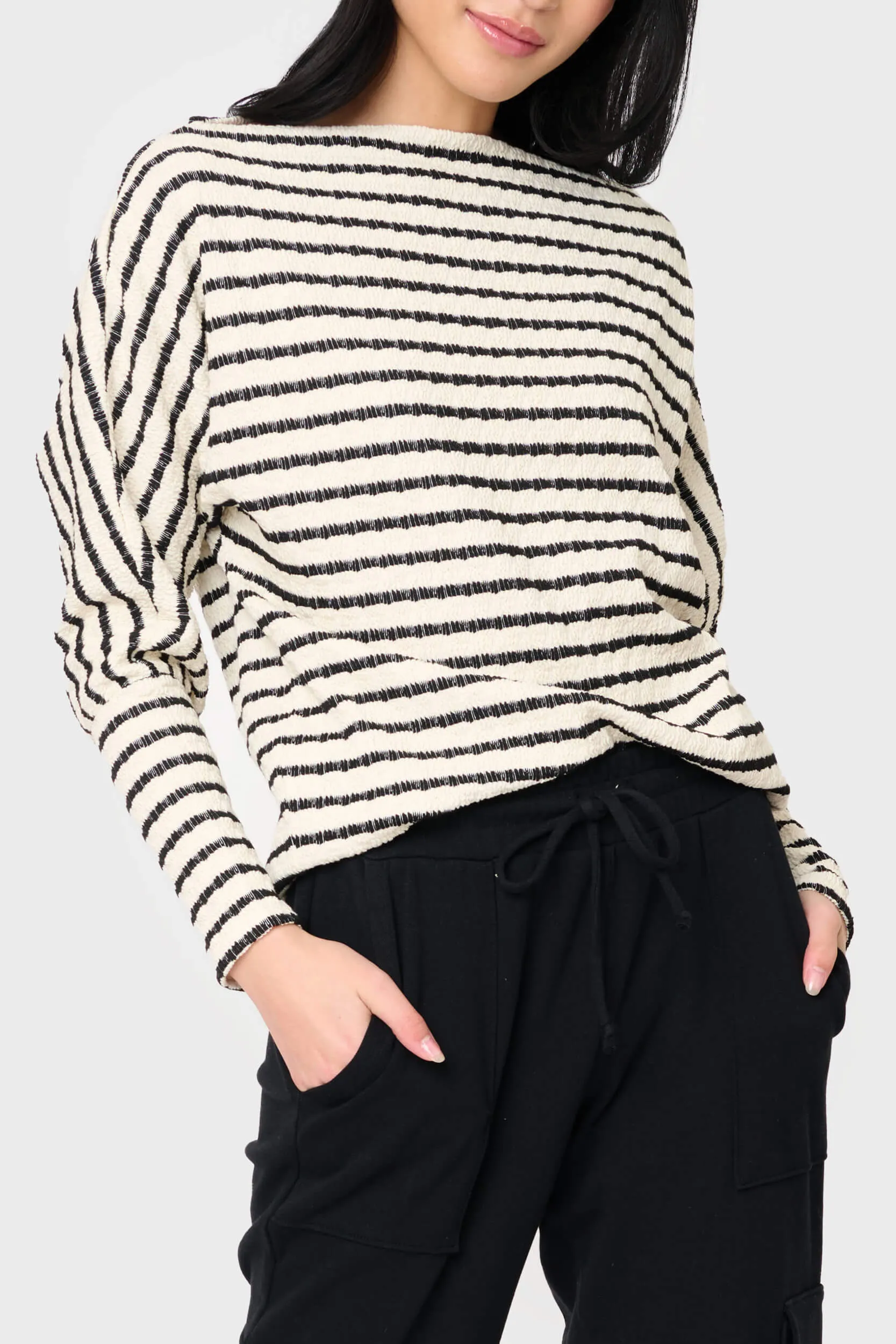 Slouchy Open Neck Striped Knit Top