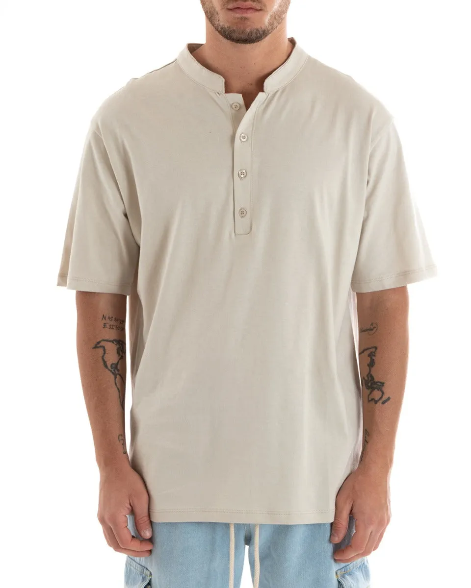 T-shirt Uomo Collo Bottoni Tinta Unita Beige Manica Corta Bianca Casual GIOSAL-TS2885A