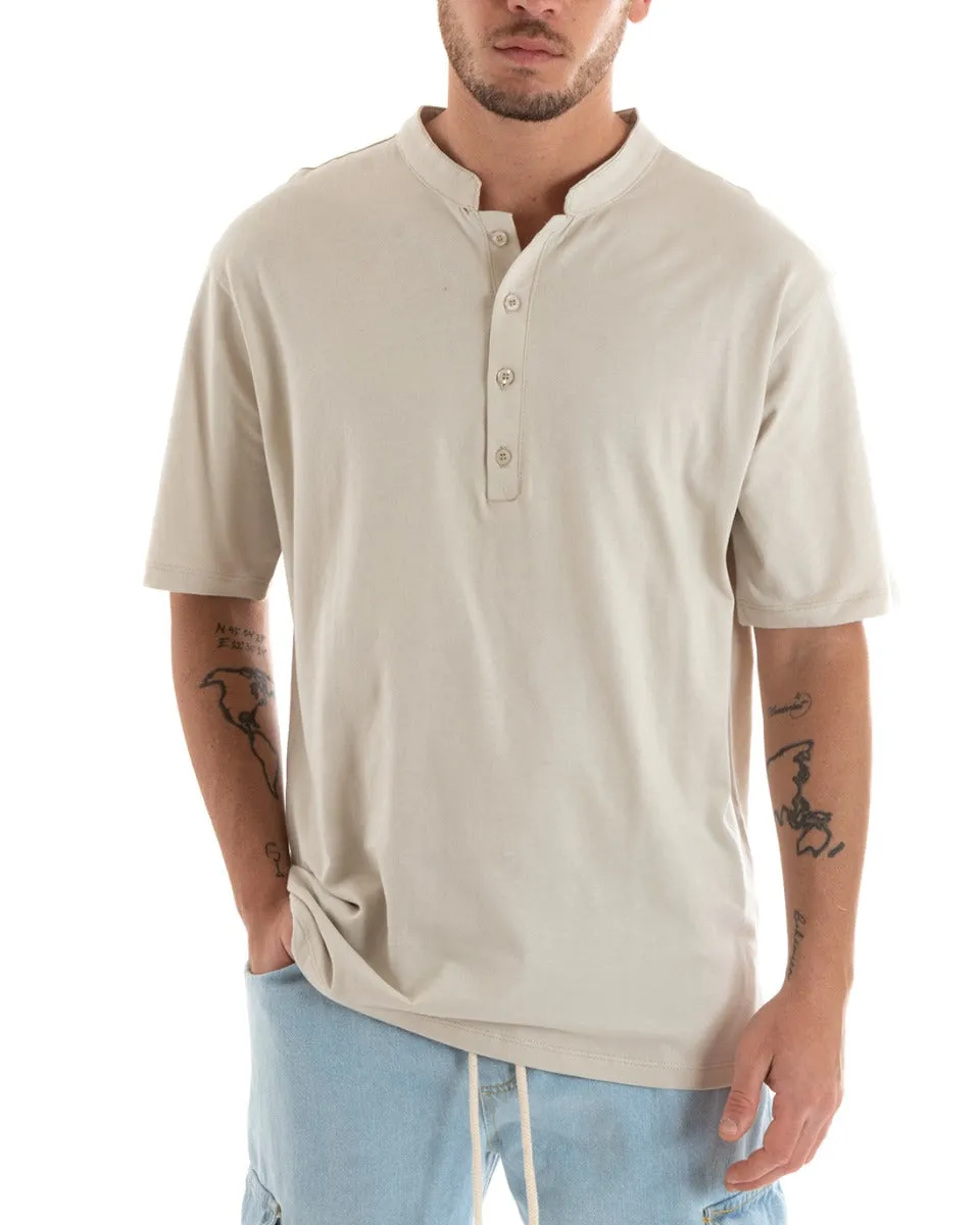 T-shirt Uomo Collo Bottoni Tinta Unita Beige Manica Corta Bianca Casual GIOSAL-TS2885A