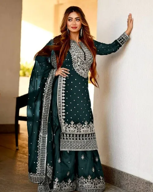 Teal Green Georgette Heavy Embroidered Gharara Suit Set