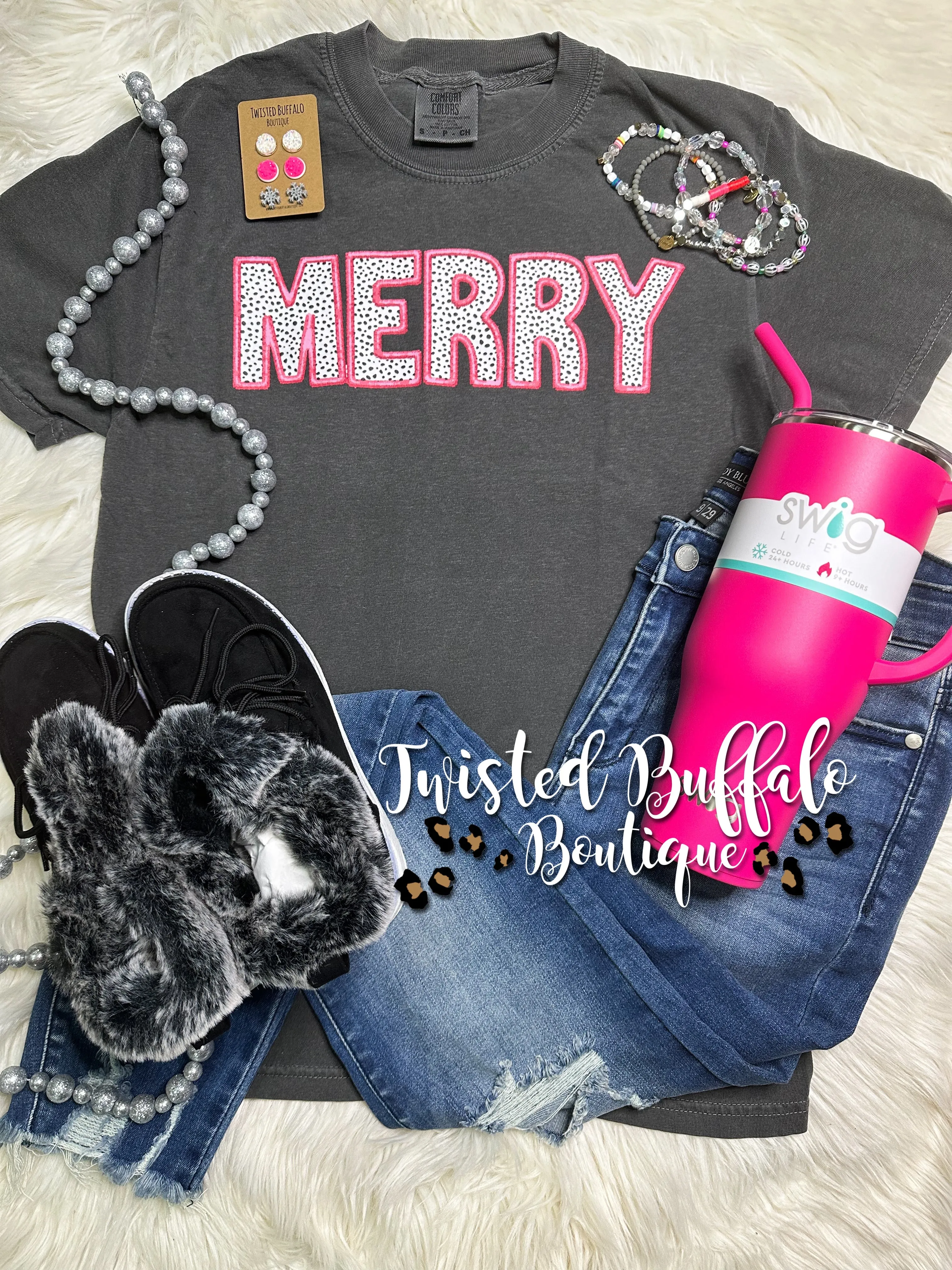 Tee Charcoal {MERRY DOTS} Faux Print  Pink Charcoal Crew Neck Tee