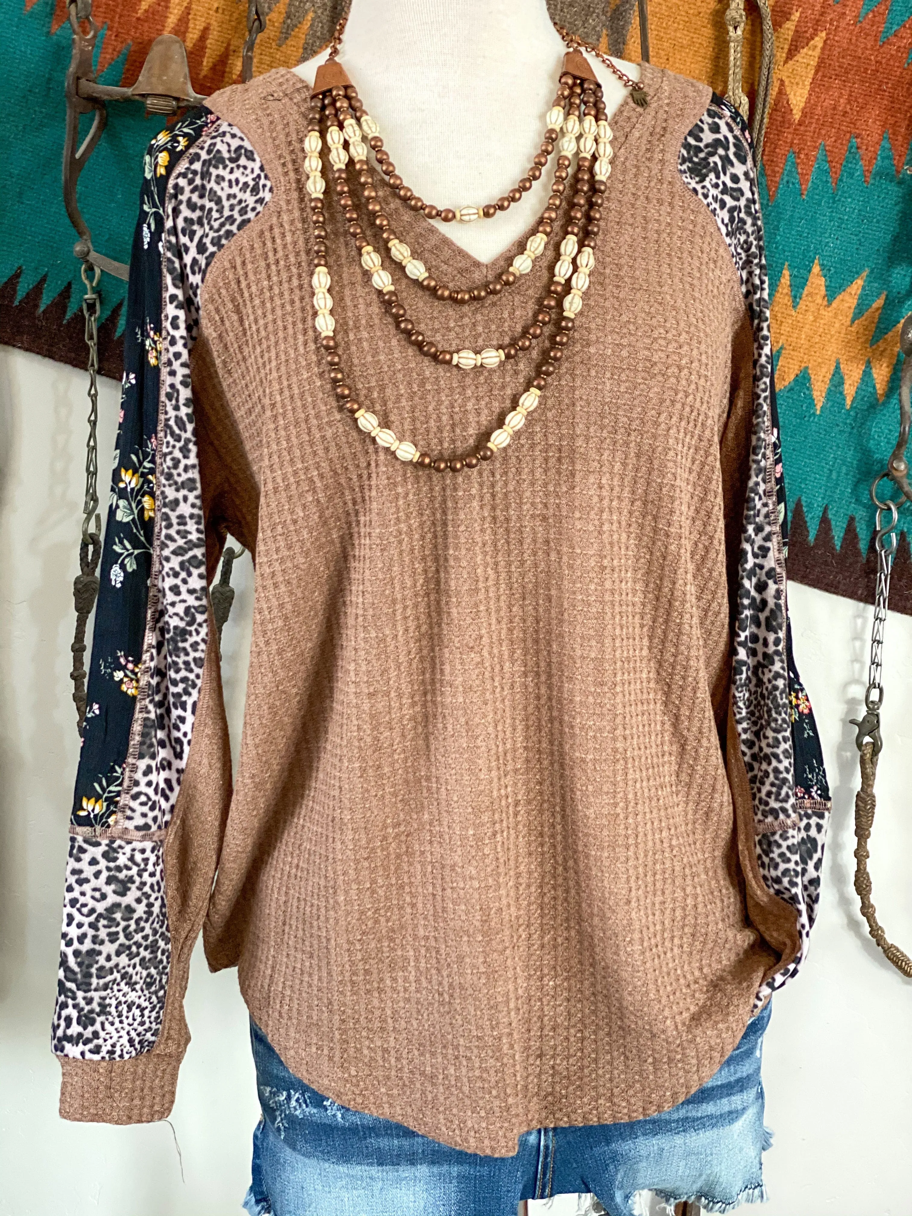 The Fall Camel Porquita Floral & Cheetah Sleeve Waffle Top