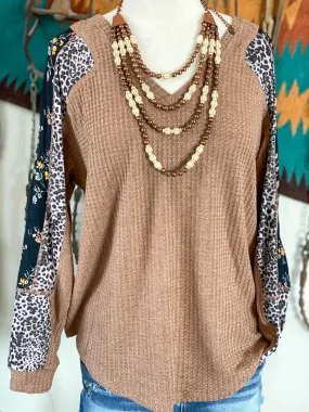 The Fall Camel Porquita Floral & Cheetah Sleeve Waffle Top