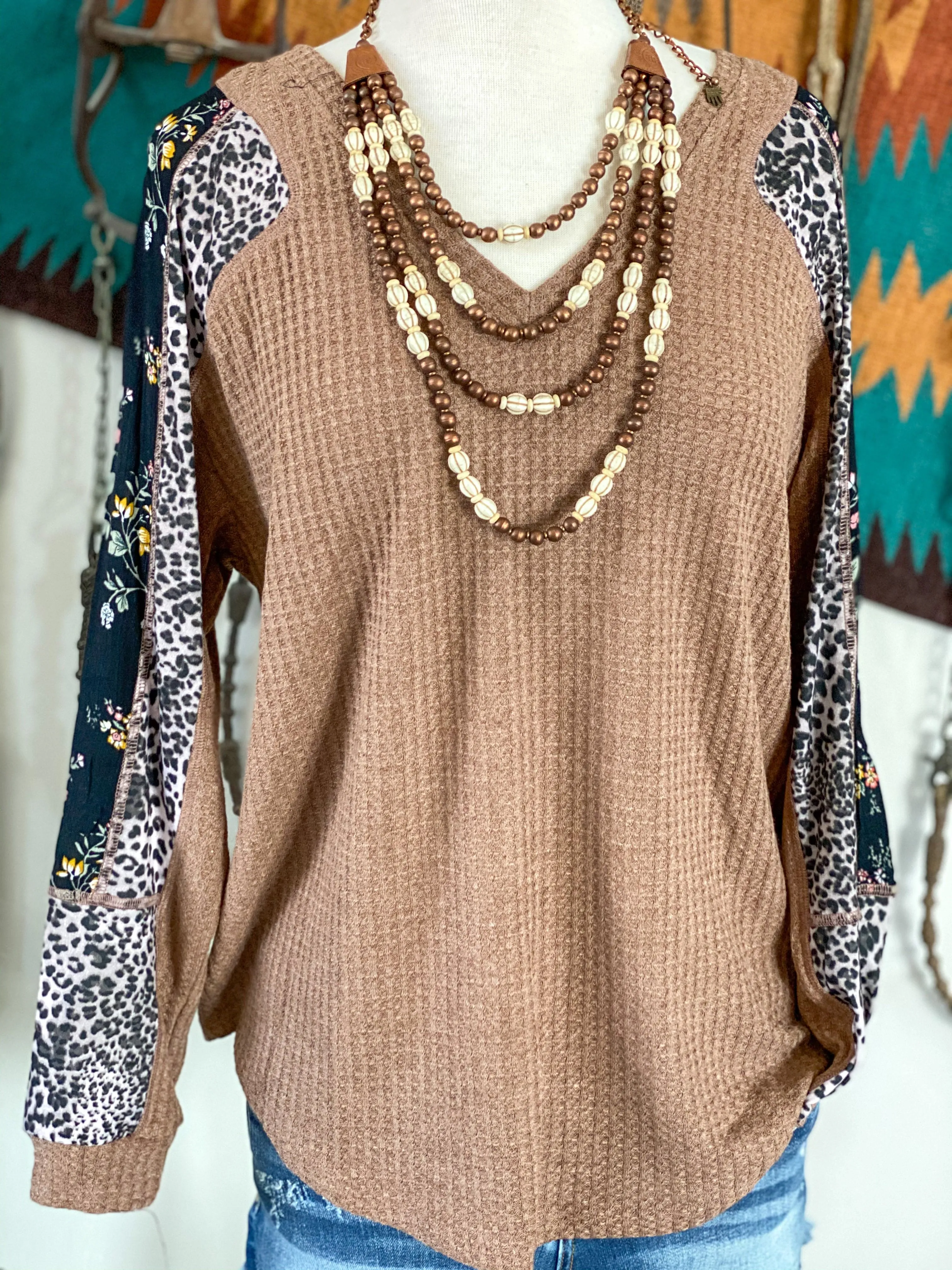 The Fall Camel Porquita Floral & Cheetah Sleeve Waffle Top