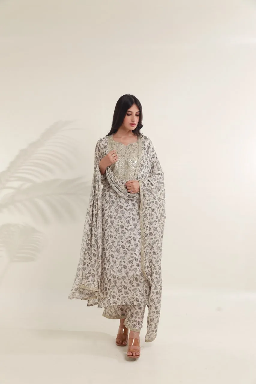 White Black floral digital print viscose chinon kurta set