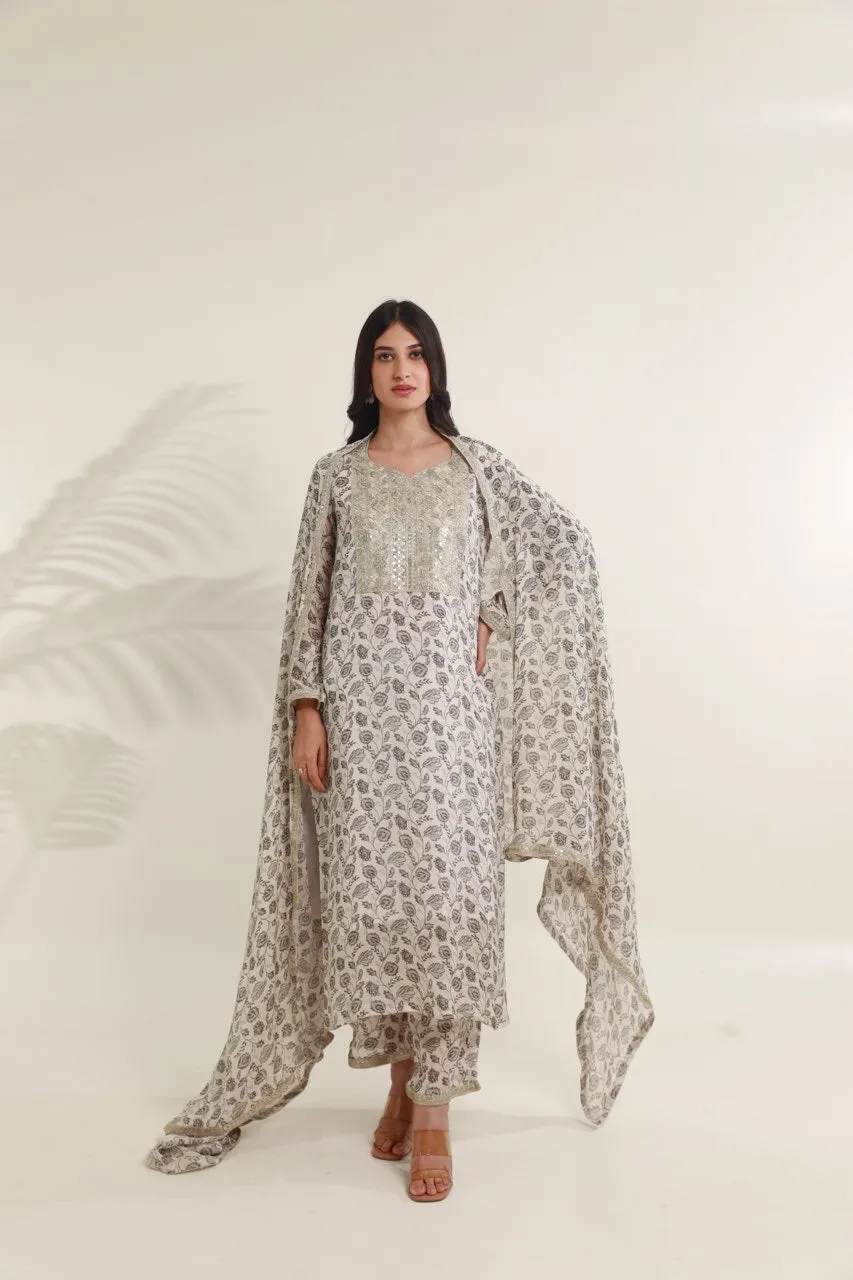 White Black floral digital print viscose chinon kurta set