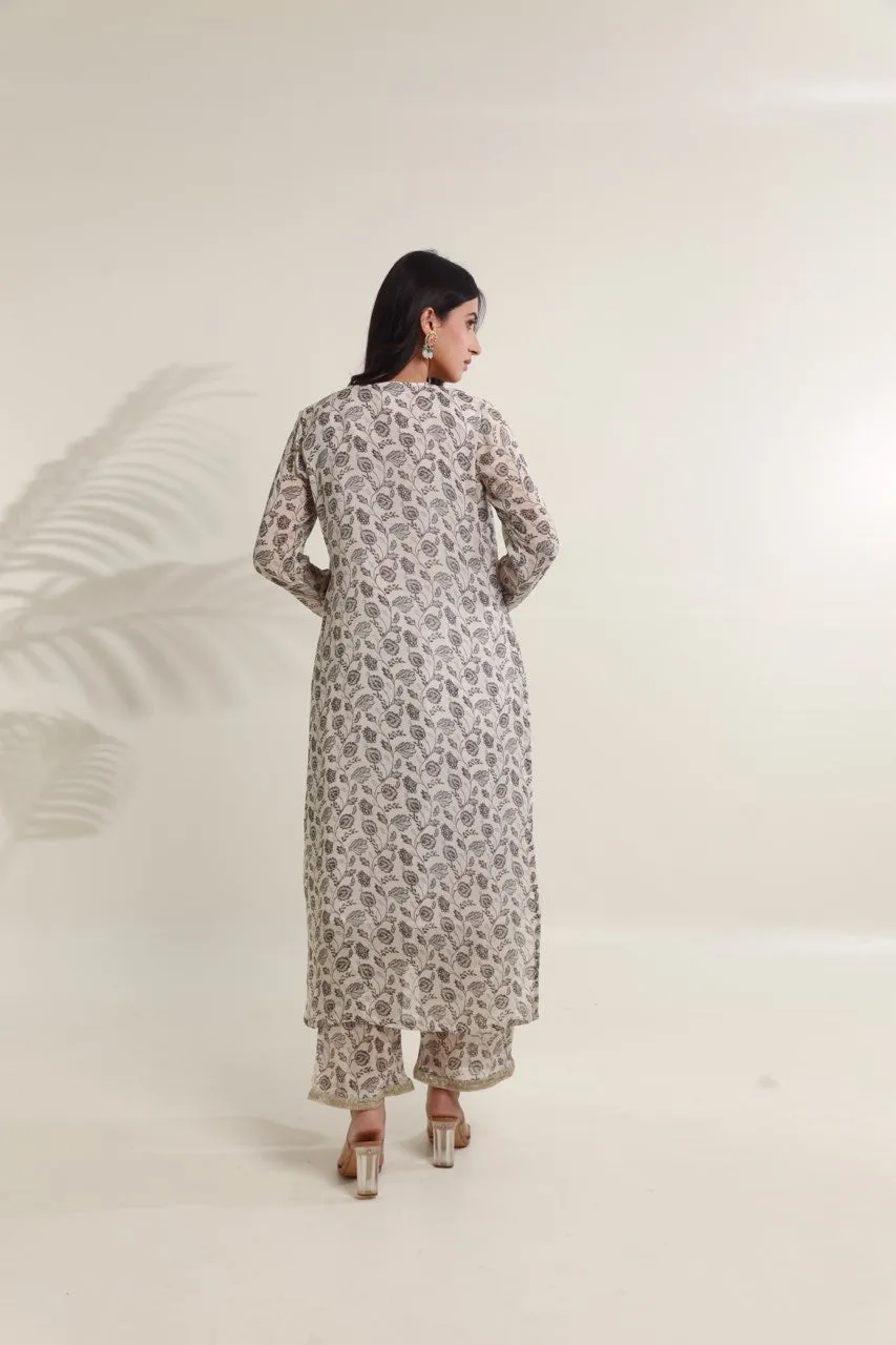 White Black floral digital print viscose chinon kurta set