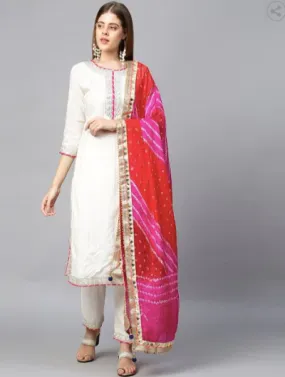 White Cotton Zari Bandhani Dupatta Gotta Suit