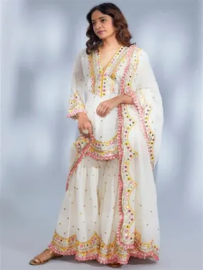 White Designer Partywear Georgette Mirror Work Sharara Set