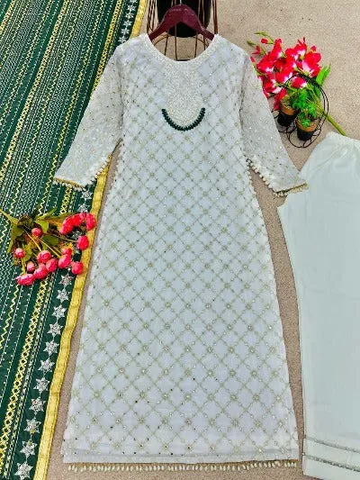 White Georgette Heavy Sequence Moti Work Suit Set With Green Dupatta