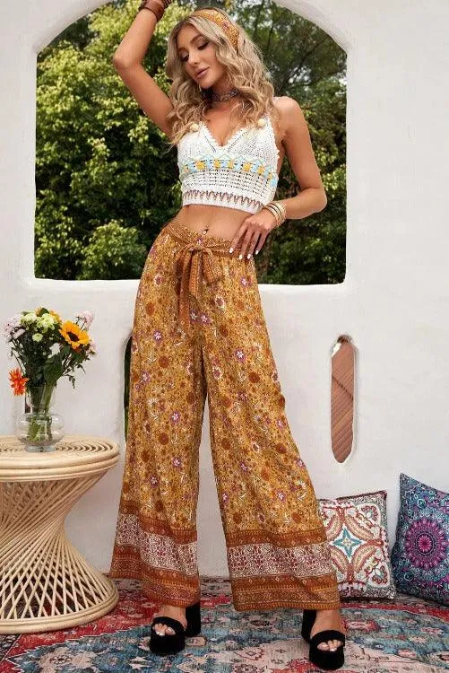 Wide Leg Hippie Pants Orange Belted