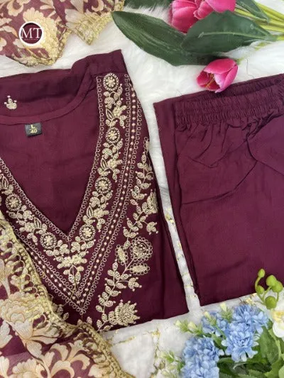 Wine Cotton Afghani Salwar Suit With Organza Dupatta