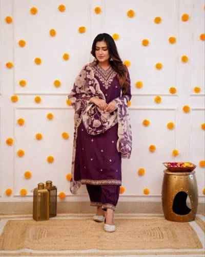 Wine Cotton Afghani Salwar Suit With Organza Dupatta