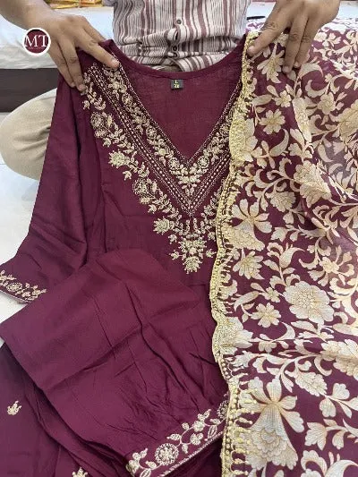 Wine Cotton Afghani Salwar Suit With Organza Dupatta