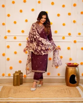 Wine Cotton Afghani Salwar Suit With Organza Dupatta