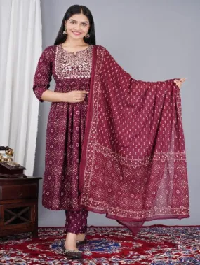 Wine Cotton Embroidered Festive Salwar Suit Set