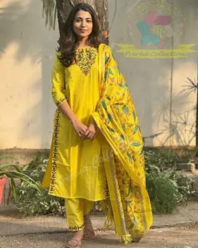 Yellow Cotton Embroidery Work Salwar Suit With Khadi Silk Dupatta