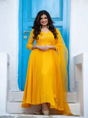 Yellow Georgette Sequence Embroidered Anarkali With Dupatta Set Of 2